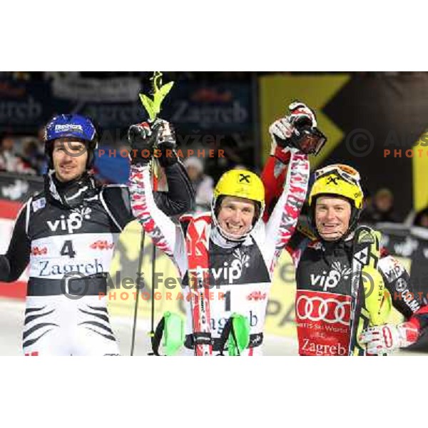 Felix Neureuther (GER) finished second, winner Marcel Hirscher (AUT) and Ivica Kostelic (CRO) finished third at men\'s slalom race at Audi FIS Alpine Ski World Cup 2011/2012 in Zagreb, Sljeme, Croatia on January 5, 2012 