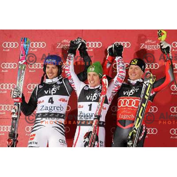 Felix Neureuther (GER) finished second, winner Marcel Hirscher (AUT) and Ivica Kostelic (CRO) finished third at men\'s slalom race at Audi FIS Alpine Ski World Cup 2011/2012 in Zagreb, Sljeme, Croatia on January 5, 2012 