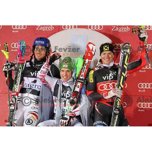 Felix Neureuther (GER) finished second, winner Marcel Hirscher (AUT) and Ivica Kostelic (CRO) finished third at men\'s slalom race at Audi FIS Alpine Ski World Cup 2011/2012 in Zagreb, Sljeme, Croatia on January 5, 2012 
