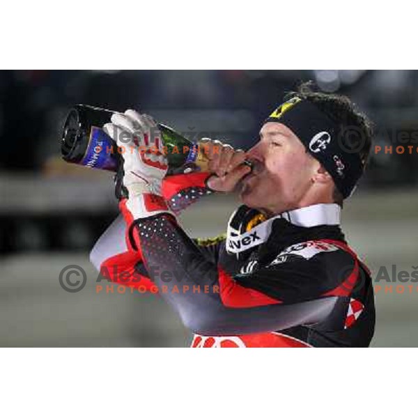 Ivica Kostelic of Croatia celebrates third place finish at men\'s slalom race at Audi FIS Alpine Ski World Cup 2011/2012 in Zagreb, Sljeme, Croatia on January 5, 2012 