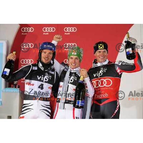 Felix Neureuther (GER) finished second, winner Marcel Hirscher (AUT) and Ivica Kostelic (CRO) finished third at men\'s slalom race at Audi FIS Alpine Ski World Cup 2011/2012 in Zagreb, Sljeme, Croatia on January 5, 2012 