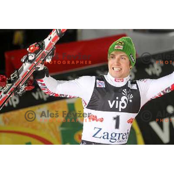 Marcel Hirscher (AUT) celebrate victory at men\'s slalom race at Audi FIS Alpine Ski World Cup 2011/2012 in Zagreb, Sljeme, Croatia on January 5, 2012 