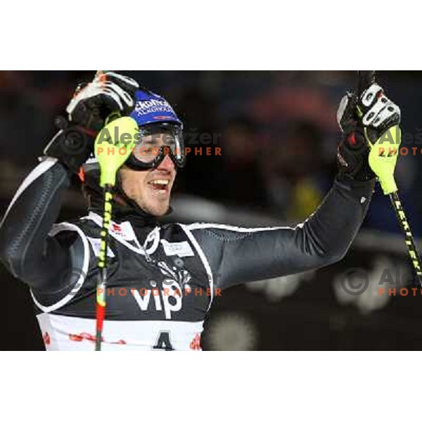 Felix Neureuther of Germany celebrate second place at men\'s slalom race at Audi FIS Alpine Ski World Cup 2011/2012 in Zagreb, Sljeme, Croatia on January 5, 2012 