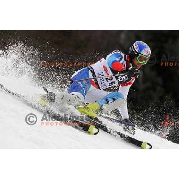Markus Vogel (SUI) skiing in first run of men\'s slalom race during Audi FIS Alpine Ski World Cup 2011/2012 in Zagreb, Sljeme, Croatia on January 5, 2012 