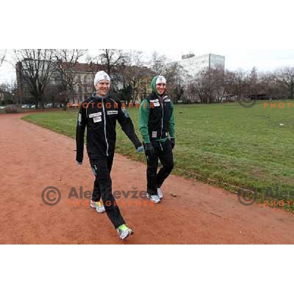 Anton Ladenpeare and Andre Myhrer of Sweden warming-up in the centre of Zagreb before leaving for men\'s slalom race during Audi FIS Alpine Ski World Cup 2011/2012 in Zagreb, Sljeme, Croatia on January 5, 2012 