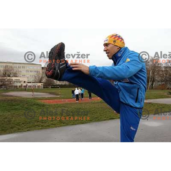 Mitja Valencic of Slovenia warms-up in the centre of Zagreb before leaving for men\'s slalom race during Audi FIS Alpine Ski World Cup 2011/2012 in Zagreb, Sljeme, Croatia on January 5, 2012 