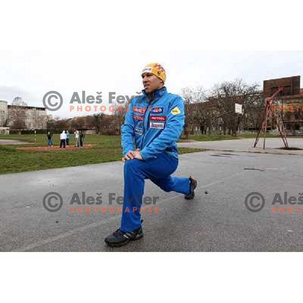 Mitja Valencic of Slovenia warms-up in the centre of Zagreb before leaving for men\'s slalom race during Audi FIS Alpine Ski World Cup 2011/2012 in Zagreb, Sljeme, Croatia on January 5, 2012 