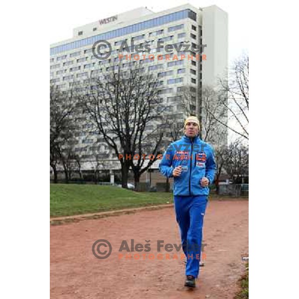 Mitja Valencic of Slovenia warms-up in the centre of Zagreb before leaving for men\'s slalom race during Audi FIS Alpine Ski World Cup 2011/2012 in Zagreb, Sljeme, Croatia on January 5, 2012 