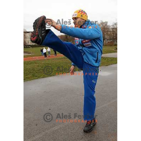 Mitja Valencic of Slovenia warms-up in the centre of Zagreb before leaving for men\'s slalom race during Audi FIS Alpine Ski World Cup 2011/2012 in Zagreb, Sljeme, Croatia on January 5, 2012 