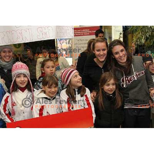 Slovenian gymnast Sasa Golob receives warm welcome from his friends and fans at Joze Pucnik Airport, Ljubljana, Slovenia on January 14, 2012 after success at Olympic qualification event for London 2012 Olympic games. She will be olympian for the first tim