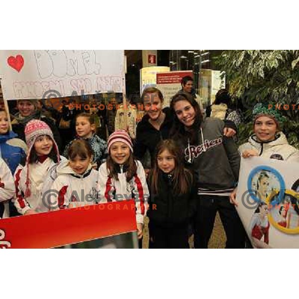 Slovenian gymnast Sasa Golob receives warm welcome from his friends and fans at Joze Pucnik Airport, Ljubljana, Slovenia on January 14, 2012 after success at Olympic qualification event for London 2012 Olympic games. She will be olympian for the first tim