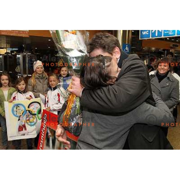 Slovenian gymnast Sasa Golob receives warm welcome from his friends and fans at Joze Pucnik Airport, Ljubljana, Slovenia on January 14, 2012 after success at Olympic qualification event for London 2012 Olympic games. She will be olympian for the first tim