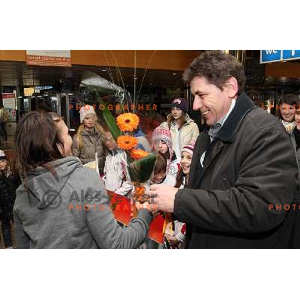 Slovenian gymnast Sasa Golob receives warm welcome from his friends and fans at Joze Pucnik Airport, Ljubljana, Slovenia on January 14, 2012 after success at Olympic qualification event for London 2012 Olympic games. She will be olympian for the first tim