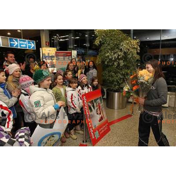 Slovenian gymnast Sasa Golob receives warm welcome from his friends and fans at Joze Pucnik Airport, Ljubljana, Slovenia on January 14, 2012 after success at Olympic qualification event for London 2012 Olympic games. She will be olympian for the first tim