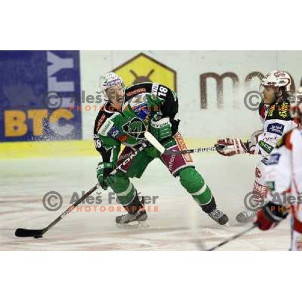 Ken Ograjensek of Tilia Olimpija and markus Pirmann of KAC in action during EBEL league regular season ice-hockey match in round 49 between HDD Tilia Olimpija Ljubljana and EC Kac Klagenfurt in Hala Tivoli, Ljubljana, Slovenia on January 31,2012 
