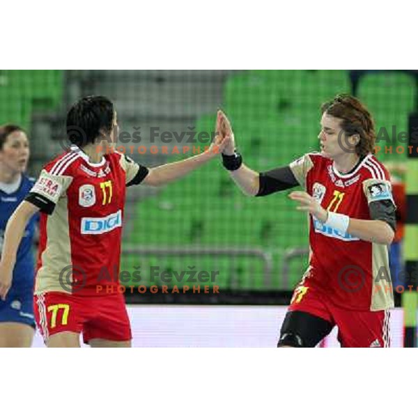 Yeliz Ozel and Marija Jovanovic of C.S. Oltchim Valcea during handball match RK Krim Mercator (Slovenia) and C.S.Oltchim Valcea (Romunia) in second phase of EHF Women\'s Champions league, played in Stozice Sports Hall, Ljubljana, Slovenia on February 4, 20
