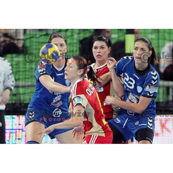 Andrea Seric, Andrea penezic of RK Krim Mercator and Julia Managarova of C.S. Oltchim Valcea during handball match RK Krim Mercator (Slovenia) and C.S.Oltchim Valcea (Romunia) in second phase of EHF Women\'s Champions league, played in Stozice Sports Hall,