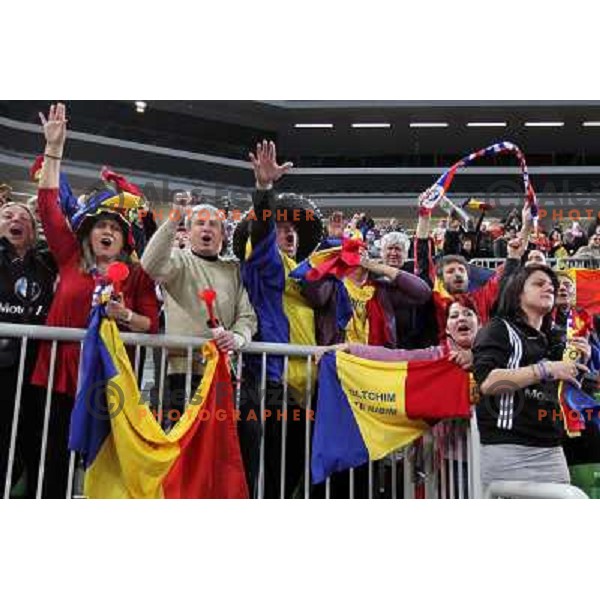 Fans of C.S. Oltchim Valcea during handball match RK Krim Mercator (Slovenia) and C.S.Oltchim Valcea (Romunia) in second phase of EHF Women\'s Champions league, played in Stozice Sports Hall, Ljubljana, Slovenia on February 4, 2012 