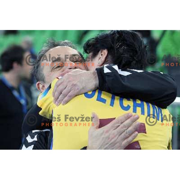 Tone Tiselj of Krim Mercator and Luminita Dinu of C.S. Oltchim Valcea during handball match RK Krim Mercator (Slovenia) and C.S.Oltchim Valcea (Romunia) in second phase of EHF Women\'s Champions league, played in Stozice Sports Hall, Ljubljana, Slovenia on