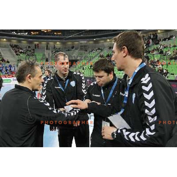 Tone Tiselj, head coach of RK Krim Mercator,Grega Karpan, Uros Bregar, Andrej Potrata during handball match RK Krim Mercator (Slovenia) and C.S.Oltchim Valcea (Romunia) in second phase of EHF Women\'s Champions league, played in Stozice Sports Hall, Ljublj