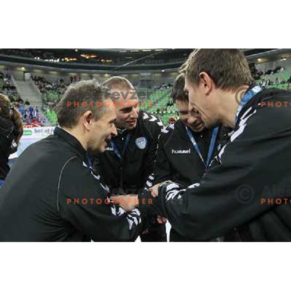 Tone Tiselj, head coach of RK Krim Mercator,Grega Karpan, Uros Bregar, Andrej Potrata during handball match RK Krim Mercator (Slovenia) and C.S.Oltchim Valcea (Romunia) in second phase of EHF Women\'s Champions league, played in Stozice Sports Hall, Ljublj