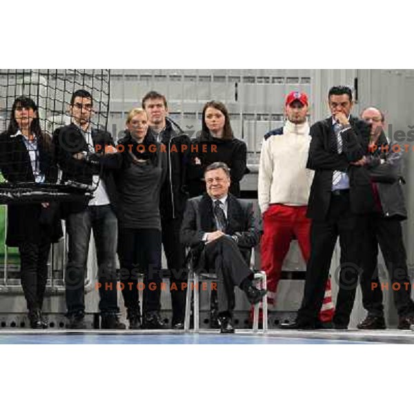 Zoran Jankovic, Goran Dujic, general manager of RK Krim Mercator during handball match RK Krim Mercator (Slovenia) and C.S.Oltchim Valcea (Romunia) in second phase of EHF Women\'s Champions league, played in Stozice Sports Hall, Ljubljana, Slovenia on Febr