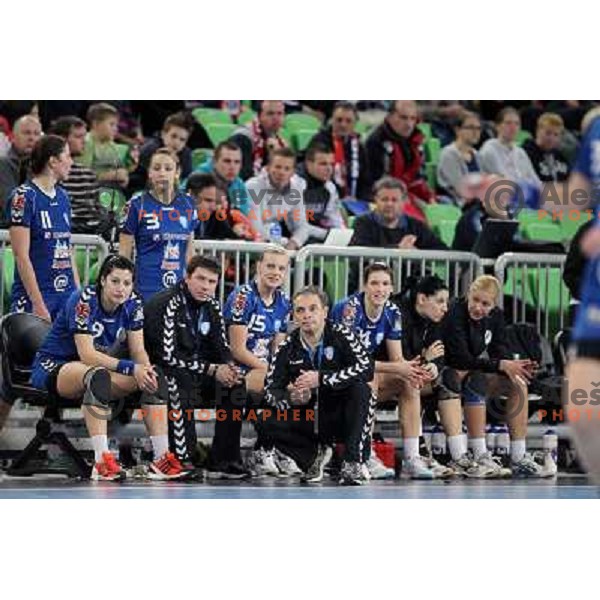 Uros Bregar, Tone Tiselj, head coach of RK Krim Mercator during handball match RK Krim Mercator (Slovenia) and C.S.Oltchim Valcea (Romunia) in second phase of EHF Women\'s Champions league, played in Stozice Sports Hall, Ljubljana, Slovenia on February 4, 