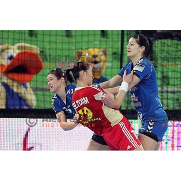 Kristina Franic, Maja Son of RK Krim Mercator in action during handball match RK Krim Mercator (Slovenia) and C.S.Oltchim Valcea (Romunia) in second phase of EHF Women\'s Champions league, played in Stozice Sports Hall, Ljubljana, Slovenia on February 4, 2