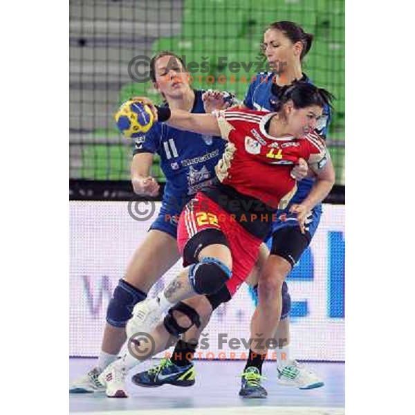 Andrea Seric, Andrea Penezic of RK Krim Mercator and Oana Manea of C.S. Oltchim Valcea during handball match RK Krim Mercator (Slovenia) and C.S.Oltchim Valcea (Romunia) in second phase of EHF Women\'s Champions league, played in Stozice Sports Hall, Ljubl