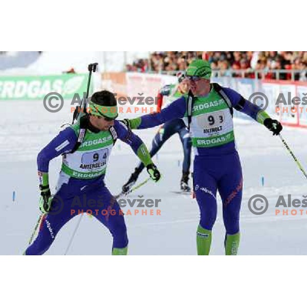 Vasja Rupnik and Janez Maric of Slovenia during biathlon World Cup race in Antholz-Anterselva in Italy on January 22,2012 