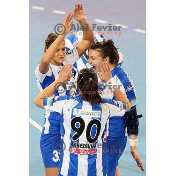 Katarina Bulatovic, Dragana Cvijic of Buducnost in action during handball match RK Krim Mercator -Buducnost Podgorica in EHF Women\'s Champions league, played in Stozice, Ljubljana, Slovenia on February 24,2012 