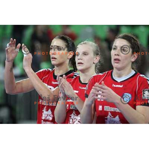 Andrea Penezic, Barbara Lazovic, Andrea Seric of RK Krim Mercator in action during handball match RK Krim Mercator -Buducnost Podgorica in EHF Women\'s Champions league, played in Stozice, Ljubljana, Slovenia on February 24,2012 