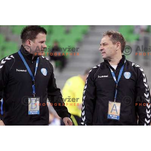 Uros Bregar, Tone Tiselj, head coach of RK Krim Mercator in action during handball match RK Krim Mercator -Buducnost Podgorica in EHF Women\'s Champions league, played in Stozice, Ljubljana, Slovenia on February 24,2012 