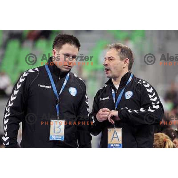 Uros Bregar, Tone Tiselj, head coach of RK Krim Mercator in action during handball match RK Krim Mercator -Buducnost Podgorica in EHF Women\'s Champions league, played in Stozice, Ljubljana, Slovenia on February 24,2012 