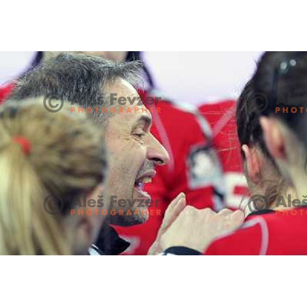 Tone Tiselj, head coach of RK Krim Mercator in action during handball match RK Krim Mercator -Buducnost Podgorica in EHF Women\'s Champions league, played in Stozice, Ljubljana, Slovenia on February 24,2012 