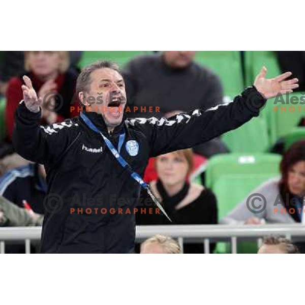 Tone Tiselj, head coach of RK Krim Mercator in action during handball match RK Krim Mercator -Buducnost Podgorica in EHF Women\'s Champions league, played in Stozice, Ljubljana, Slovenia on February 24,2012 