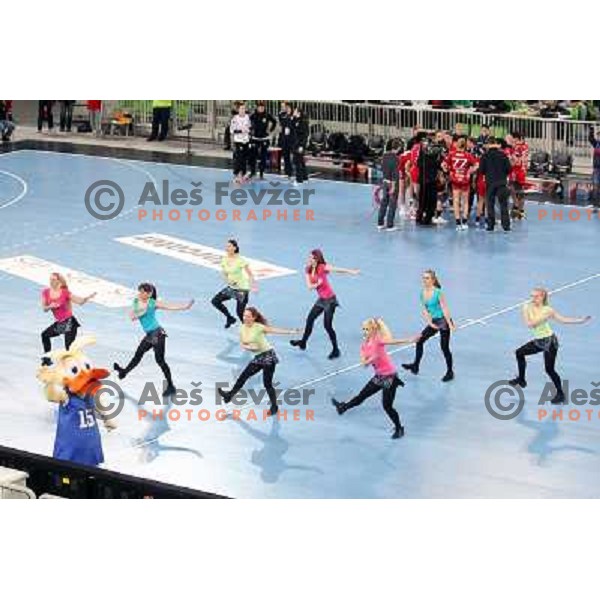 Dance team in action during handball match RK Krim Mercator -Buducnost Podgorica in EHF Women\'s Champions league, played in Stozice, Ljubljana, Slovenia on February 24,2012 