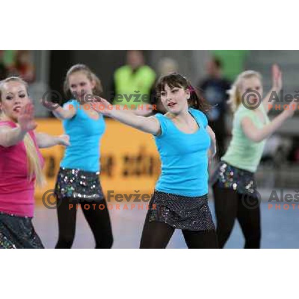 Dance team in action during handball match RK Krim Mercator -Buducnost Podgorica in EHF Women\'s Champions league, played in Stozice, Ljubljana, Slovenia on February 24,2012 