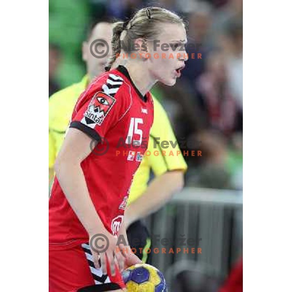 Barbara Lazovic of Krim in action during handball match RK Krim Mercator -Buducnost Podgorica in EHF Women\'s Champions league, played in Stozice, Ljubljana, Slovenia on February 24,2012 