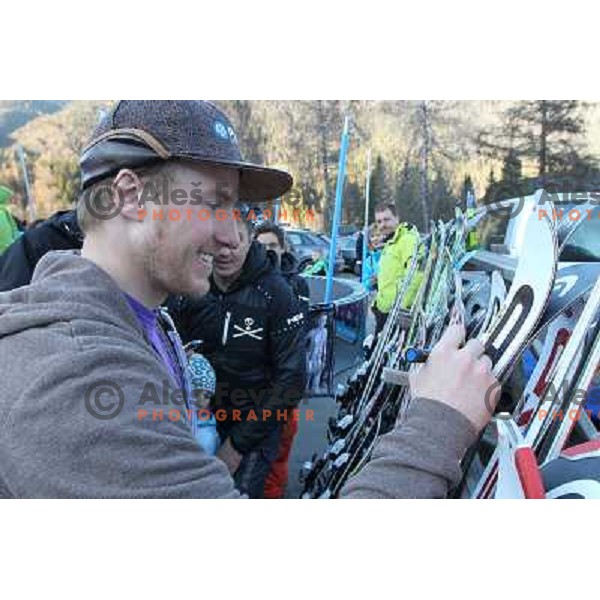 Ted Ligety of USA, winner of AUDI FIS Alpine Ski World Cup Giant Slalom during autograph session with his fans after the race in Kranjska gora, Slovenia on March 10, 2012 