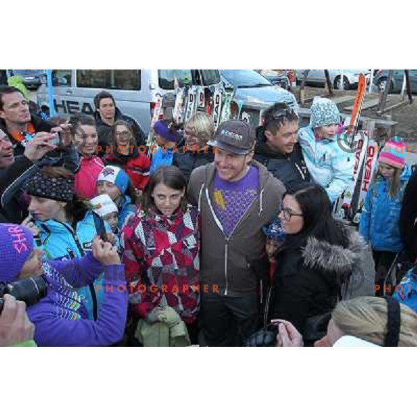 Ted Ligety of USA, winner of AUDI FIS Alpine Ski World Cup Giant Slalom during autograph session with his fans after the race in Kranjska gora, Slovenia on March 10, 2012 