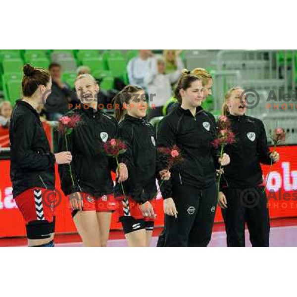 krim players during handball match RK Krim Mercator - Metz Handball in EHF Women\'s Champions league, played in Stozice, Ljubljana, Slovenia on March 10,2012 