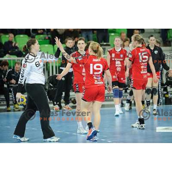 Krim players during handball match RK Krim Mercator - Metz Handball in EHF Women\'s Champions league, played in Stozice, Ljubljana, Slovenia on March 10,2012 