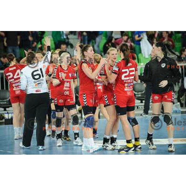 Krim players during handball match RK Krim Mercator - Metz Handball in EHF Women\'s Champions league, played in Stozice, Ljubljana, Slovenia on March 10,2012 