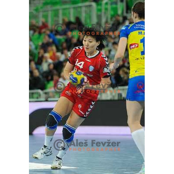 Ljudmila Bodnieva in action during handball match RK Krim Mercator - Metz Handball in EHF Women\'s Champions league, played in Stozice, Ljubljana, Slovenia on March 10,2012 
