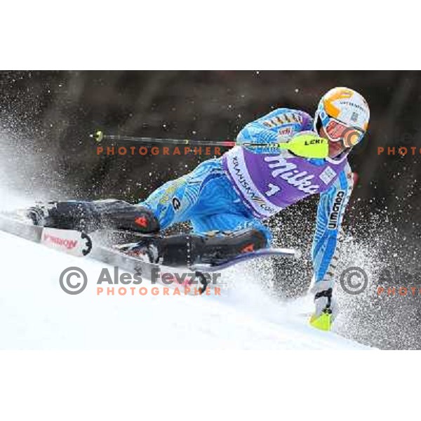 Andre Myhrer (SWE) skiing in first run of Audi FIS Alpine Ski World Cup Slalom in Kranjska gora, Slovenia on March 11, 2012 