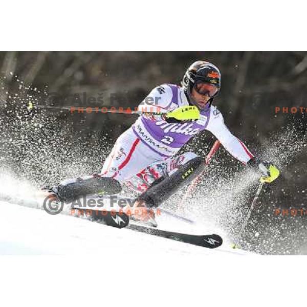 Mario Matt (AUT) skiing in first run of Audi FIS Alpine Ski World Cup Slalom in Kranjska gora, Slovenia on March 11, 2012 