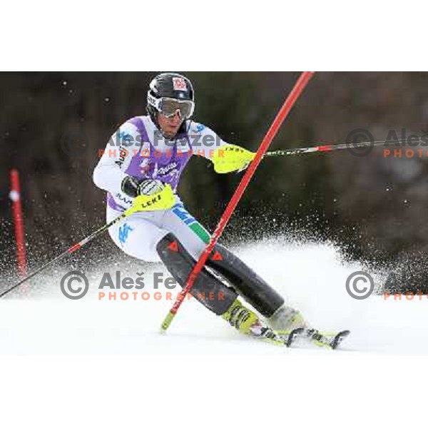skiing in first run of Audi FIS Alpine Ski World Cup Slalom in Kranjska gora, Slovenia on March 11, 2012 