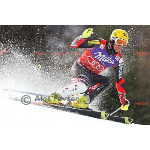 skiing in first run of Audi FIS Alpine Ski World Cup Slalom in Kranjska gora, Slovenia on March 11, 2012 