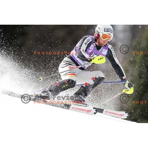 skiing in first run of Audi FIS Alpine Ski World Cup Slalom in Kranjska gora, Slovenia on March 11, 2012 